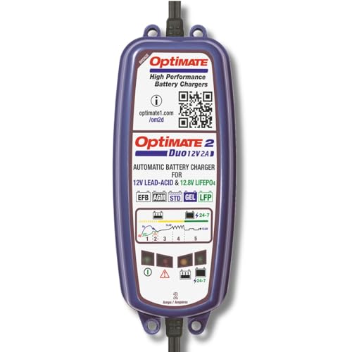 OptiMate 2 Duo 12V 2A Car Battery Charger & Maintainer for Lead-Acid & LiFePO4 Batteries Car Motorcycle Boat & Camper Automatic Battery Type Detection 4V Recovery