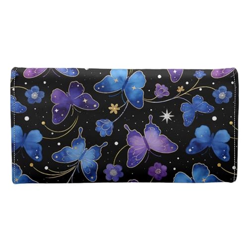 Image of AFPANQZ Purple Blue Butterfly Women's PU Leather Three Fold Wallet, Long Trifold Clutch Purse, Credit Card Money Organizer with ID Window