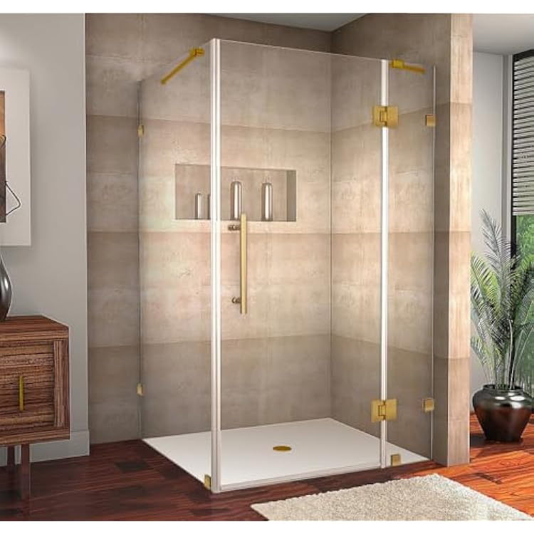 Avalux 42 in. W x 32 in. D x 72 in. H Rectangular Pivot Frameless Corner Shower Enclosure in Brushed Gold with Clear Glass