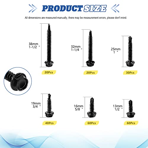 Glarks 230Pcs 410 Stainless Steel #8 Hex Washer Head Self Drilling Screws Assortment Kit 6 Size Black #8x1/2", 8x5/8", 8x3/4" - Image 2