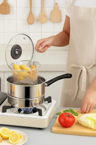 Image of MotiBa Stainless Steel Deep Frying Pot with Basket and Long Handle - Small Oil Fryer for French Fries, Fish, Large Chicken Wings, Sauces, Gravies, and Pasta - Silver (Frying Pot, 2 Liter)