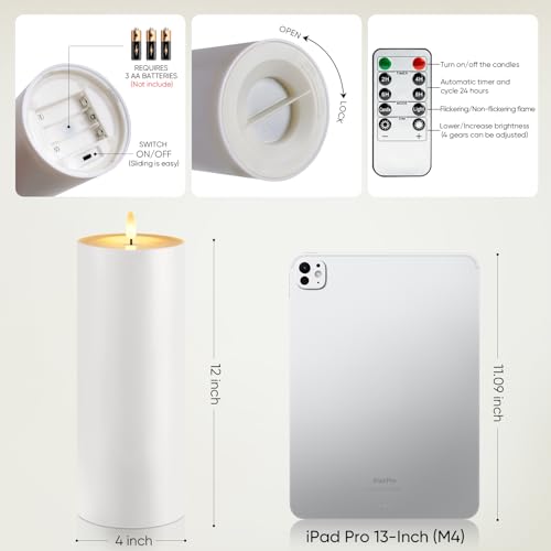 Image of Raycare 2Pcs 4'' X 12'' Large Waterproof Outdoor Flameless Candle, Battery Operated LED Candles with Remote Control and Timer, Electric Fake Plastic Pillar Candles, Ivory