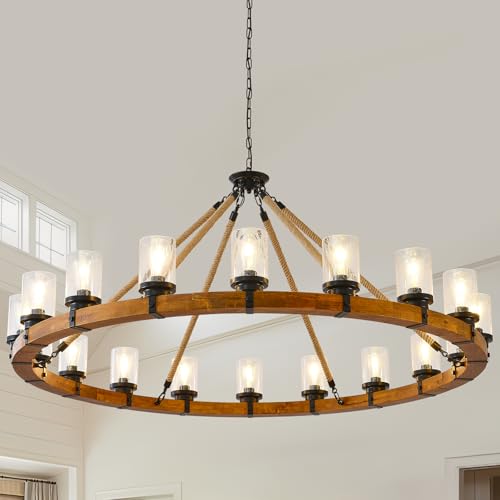 FOVICY 60-Inch Wood Wagon Wheel Chandelier with Bubble Glass Shade,