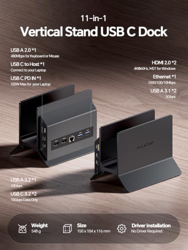 Image of USB C Docking Station Dual Monitor 4K@60Hz, 11-in-1 Vertical Laptop Stand Dock, 100W PD, 10Gbps Data, Gigabit Ethernet, Compatible with Dell Lenovo HP Windows Laptops, Black