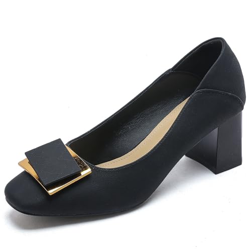 Women's Classic Block Heel Pumps, Black Suede, Gold Buckle Detail,