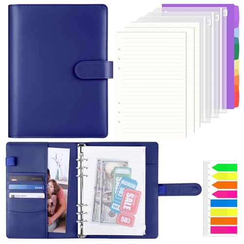 AKONEGE A5 Ring Binder 6 Ring PU Leather Refillable Notebook with 135PCS A5 Refill Papers, 3PCS Binder Pockets, 6PCS Index Dividers, Sticky Tabs, Planner Organizer for Travel Work School, Navy Blue
