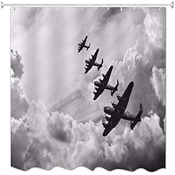 Cortina Baño Volados A.Monamour Aviones De Combate Volando En La Escena del Campo De Batalla De Cielo Negro Y Blanco Imagen Resistente Al Moho Cortina De Ducha De Tela Resistente para Decoraciones De Baño 180x180 cm