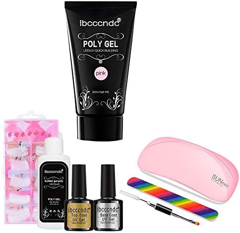 Ibcccndc Poly Nail Gel Kit Enhancement System Professional Poly Builder All-in-One Extension 8 PCS Gel Nail Set with Top and Base Gel, polygel slip solution and Nail Dryer Curing Lamp (Pink)