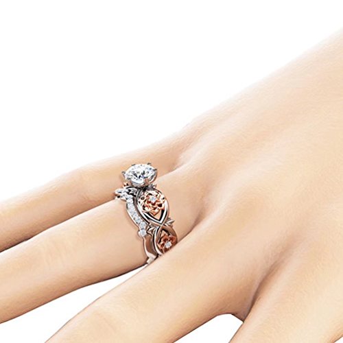 Women's Gorgeous 2 PCS CZ Vintage Engagement Wedding Ring Set Lotus Flower Rose Gold Plated Two-tone Bridal Eternity Rings3