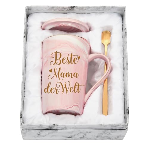 Diztoud Muttertagsgeschenke für Mama, Mutter Geschenk Muttertag, Beste Mama der Welt Tasse, Geschenk für Mütter, Geburtstagsgeschenk, 400ML Rosa Keramik Marmorbecher mit Deckel, Löffel, Geschenkbox