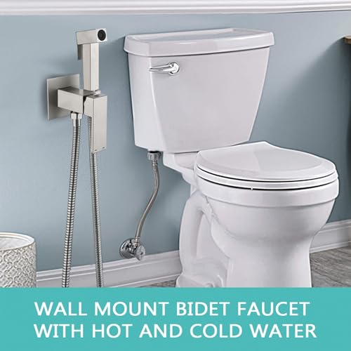 BARROCK Warm Water Bidet Sprayer Faucet for Toilet with Hot and Cold Brass Valve, Stainless Steel Square Handheld Bidet Attachment Set for Feminine, Pets and Baby Diaper Washing, Brushed Nickel