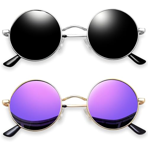 Joopin Round Sunglasses Men Women Small Circle Sun Glasses Polarized UV400 Trendy Teashade Circular Shades Costume (Black + Mirror Purple) by Joopin - Used condition - US$16.14