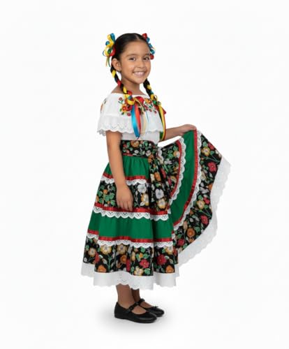 Girls’ Mexican Traditional Floral Dress with Lace and Embroidery for Cinco De Mayo and Fiestas3