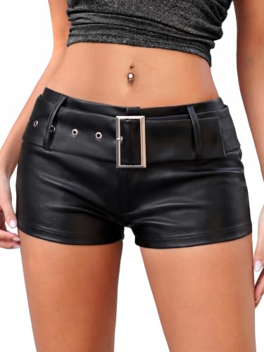 ELLEVEN Faux Leather Shorts for Women Low Rise Booty Shorts Stretchy Micro Fitted Hot Sexy Short Pants Concert Club Y2k Outfits Glossy Black Large