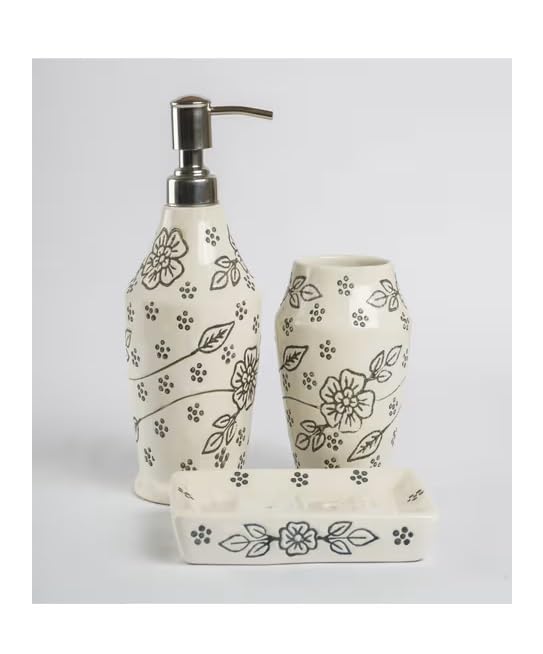 SPHINX Ceramic Bathroom Accessories Set, Bath Set of 3 Pieces - 1 Soap/shower gel dispenser, 1 soap dish and 1 toothbrush, comb holder for bathroom decor, gifting- (White & Black Floral Paint)