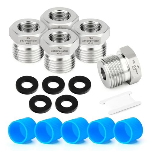 TAISHER 5PCS 304 Stainless Steel Reducer Water Hose Adapter 1/2" G Thread (BSP) × 3/8" Compression Pipe Fitting