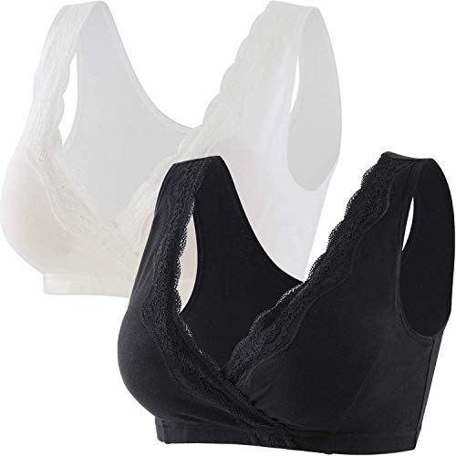 ZUMIY Baumwolle Still BH, Damen Lace Cotton Nursing BH für Schwangerschafts und Stillen (M/75B 75C 75D, Black+White/-2pk) Cover