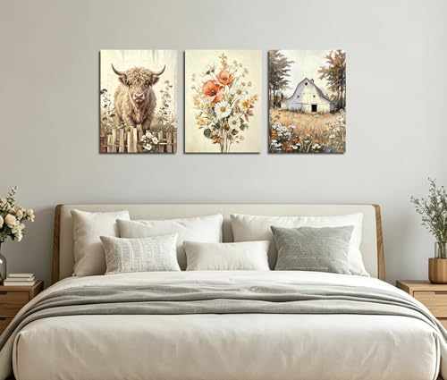 Image of Frimeeme Wildflower Farmhouse Poster Set of 3, 12x16 Inch | Highland Cow Wall Art,Unframed Prints