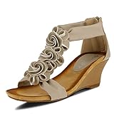 PATRIZIA Spring Step Harlequin Wedge Sandals for Womens - Ladies Sandals with Chic Flower T-Straps - Back Zipper Closure Womens Casuals Sandals - Beige EU 37 / US 6.5-7