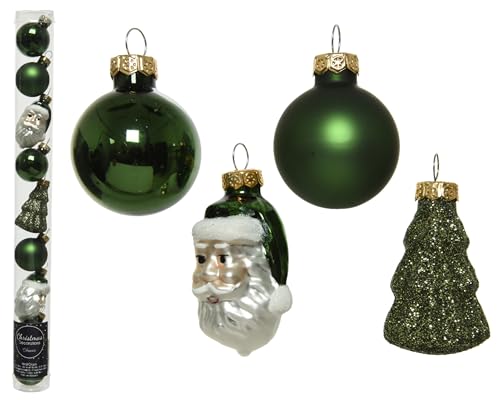 Kaemingk Weihnachtskugeln Glas 3cm x 9 Stück Figuren Mix Christbaumschmuck Set dunkelgrün grün Piniengrün