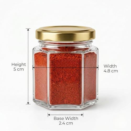 Image of Cute Hexagonal 50 grams Airtight Glass Jar Containers for Honey, Spices & other Kitchen Items with Rust Proof Gold & White Color Caps -Set of 06