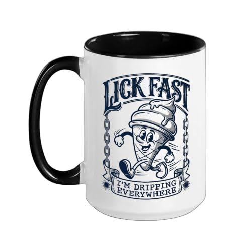 Lick Fast Ice Dripping Everywhere Cream Gelato Sundae Sorbet Ceramic Mug, Black/White, 15oz