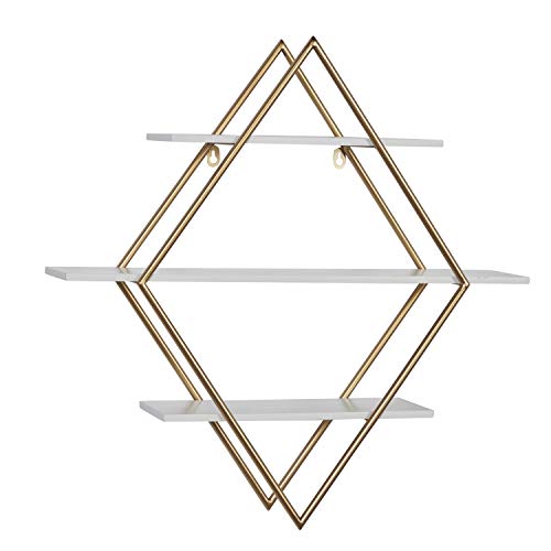 Deco 79 Wood 3 Shelf Wall Shelf With Diamond Shape, 20" X 6" X 20", Gold #TOP2