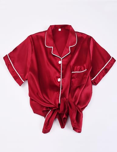 Kissage Pijama feminino de manga curta tamanho P-2GG, conjunto de 2 peças com botões de cetim macio,