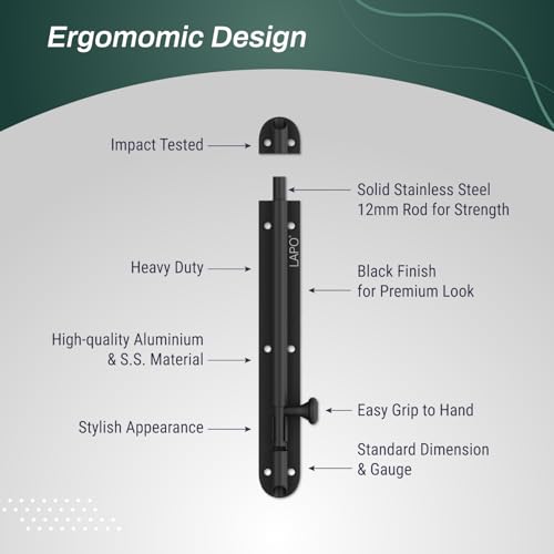 Image of LAPO 8 Inch Black Tower Bolt for Kitchen, Bedroom, Bathroom & Windows, Durable Alloy Latch with Screw Fittings (Black Finish, Pack of 1)
