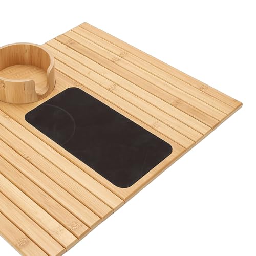Bandeja para reposabrazos de sofá ASHATA anticaídas con portavasos y soporte de móvil de bambú 7