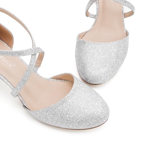 Greatonu Bombas con Correa en el Tobillo para Mujer, Bombas con tacón Alto para Mujer con Correas Cruzadas y Puntera Cerrada, Bodas y Fiestas Plateado EU 38 - imagen 5