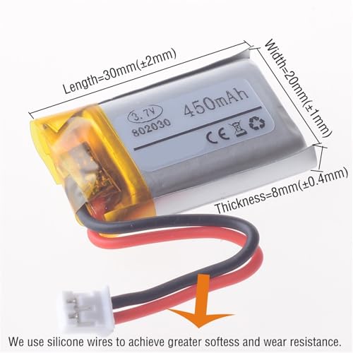 Batería recargable 802030 3,7V 450 mAh LiPo con conector 2.54 2p para proyectos de robótica 3