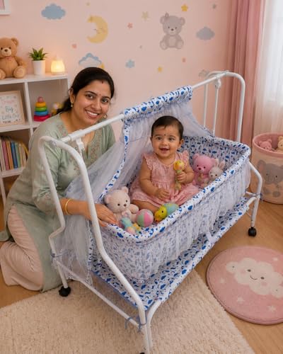 Image of Kiddery Auri | Cradle for Baby | New Improved Mattress Design | Mosquito Protection Net | Smooth Swing | All Wheel Lock | Palna | Jhula | Uyyala | 0-10 Months | Blue