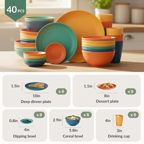 Homienly 40-Piece Unbreakable Wheat Straw Dinnerwave Sets Plates and Bowls Sets for Kitchen, RV, Dorm, Lightweight Camping Dishes Set, Service for 8, Microwave and Dishwasher Safe Dish Sets (Multi) by Homienly - Image 2