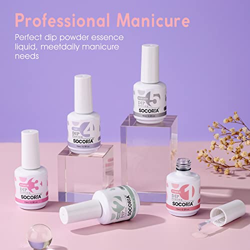 Socoria Dip Powder Liquid Set- 15Ml/0.5Oz Large Capacity Dipping Powder System Essential Set With Bond/Primer, Base & Diamond Shiny Top Coat, Activator, Brush Saver No Need Nail Lamp Cured #TOP8