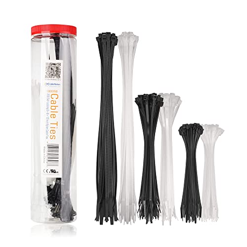 Cable Matters 200-Pack Cable Ties for Indoor and Outdoor, 6, 8, 12-Inch Self-Locking Nylon Zip Ties Assorted Sizes, Tie Wraps for Multiple Use, Self Locking Zipties, in Black and White
