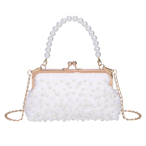 CHIC DIARY Women White Pearl Clutch with Chain