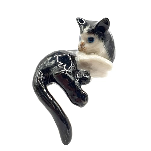 Image of WitnyStore Tiny 1¼" Black White Tuxedo Cat Lying Look Back Hang Tail Figurine - Miniature Hand Made Painted Ceramic Cats Kitten Feline Animal Cute Porcelain Decorative Collectible Figures Décor Gifts