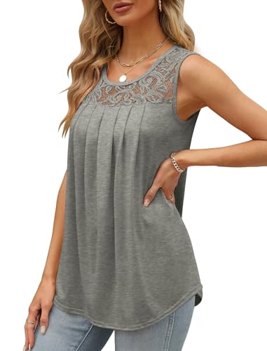 Image of Saloogoe Summer Tank Tops for Women Loose Fit Pleated Tunics Scoop Neck Sleeveless Lace Tops Curved Hem Flowy
