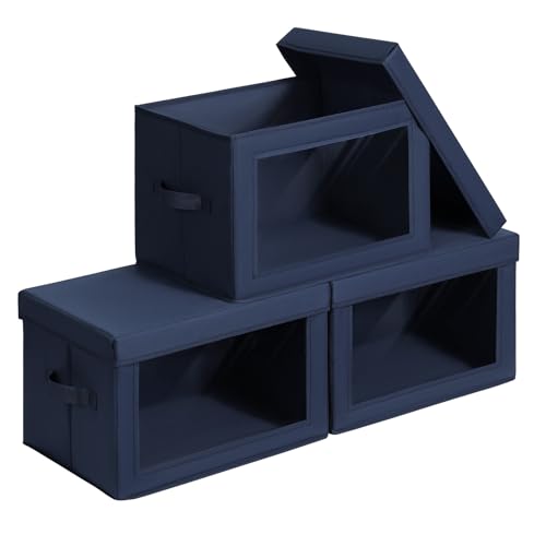 Image of Homsorout Foldable Storage Boxes with Clear Window - Clothes Organizers and Storage, Decorative Bins with Lid, Fabric Storage Cube, Storage Baskets for shelves, Yarn, Home, Navy blue, 3 Pack