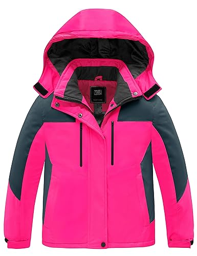 ZSHOW Girls' Waterproof Ski Jacket Warm Winter Snow Coat Fleece Raincoats(Rose Red, 10-12)