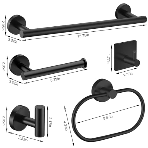 Juego de accesorios de baño de 7 piezas, toallero negro, accesorio de baño de acero inoxidable SUS304, incluye toallero negro, soporte para rollo de papel higiénico, anillo de toalla y ganchos de - imagen 3
