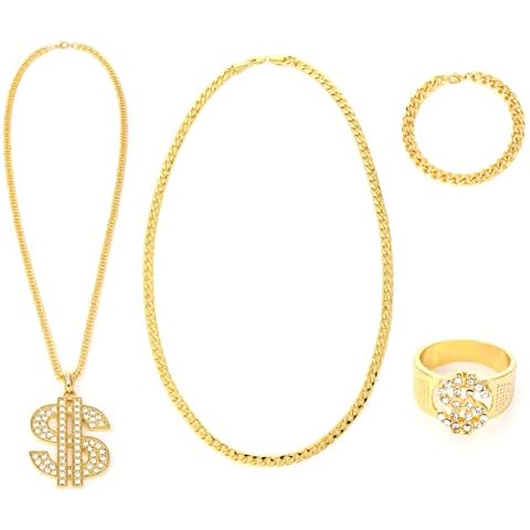 Yolev Hip Hop Costume Kit Dollar Sign Necklace 80S 90s Outfit for Men Fake Gold Chain Accessories 80s 90s Hip Hop Accessories Party Supplies Cover