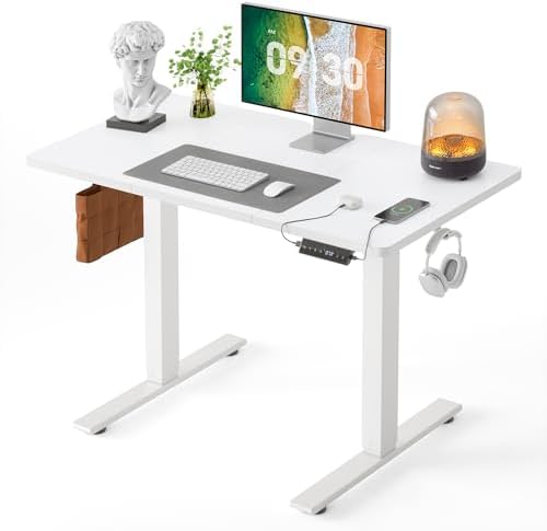 FEZIBO Escritorio Eléctrico de Pie - 120 * 60 cm Mesa Altura Ajustable con Tablero, Pies en T de Acero, Sistema Anticolisión, Panel Control con Funciones Memoria
