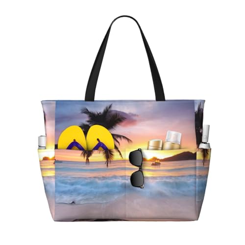 Grand sac de plage sac à bandoulière femme fourre-tout motif tropical poignées