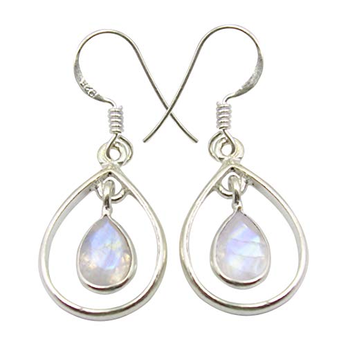 Solid Sterling Silver 6 x 9 mm Rainbow Moonstone Earrings 3.6 cm New Art