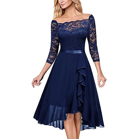 MIUSOL Women's Elegant Lace Chiffon 2/3 Sleeve Off-Shoulder Cocktail Ball Bridesmaid Patry Swing Midi Dress (XX-Large, Navy Blue) Cover