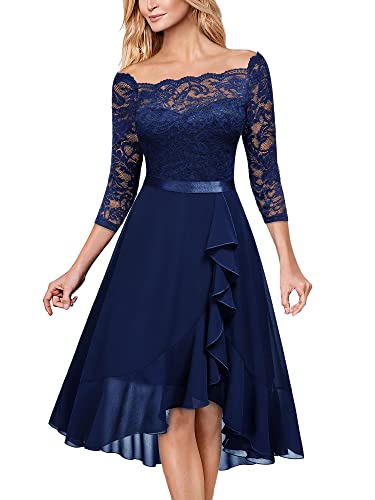 MIUSOL Women's Elegant Lace Chiffon 2/3 Sleeve Off-Shoulder Cocktail Ball Bridesmaid Patry Swing Midi Dress (Small, Navy Blue)