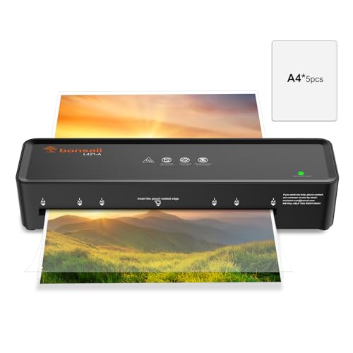 Bonsaii - Bonsaii A4 Laminator Machine with 5 Laminating Sheets, 80-100mic Compatible, Compact & Portable Design, ABS Jam Release laminator for Home & Office Use, Black (L421-A)