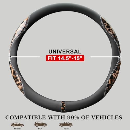 KAFEEK Leopard Steering Wheel Cover for Women, 15 Inch Leather, Brown — view 5